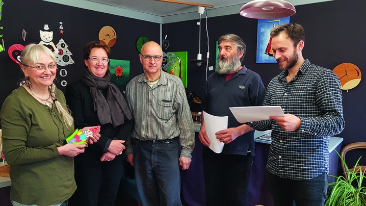 De gauche à droite : C. Marbacher, A. Simonin (CMA Vosges), P. Quintard, A. Sidre (partenaire associatif du PNR) et J. Bourbier (PNR).